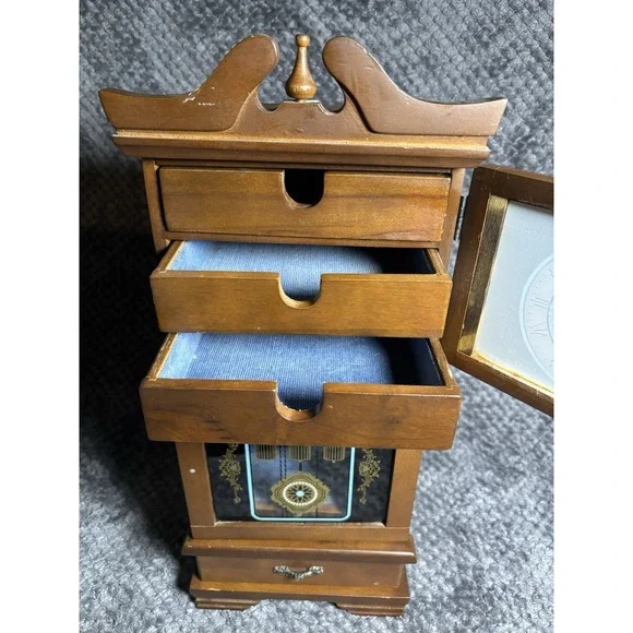 Vintage Grandfather Clock Style‎ Musical Wood Jewelry Box Armoire Hellerware